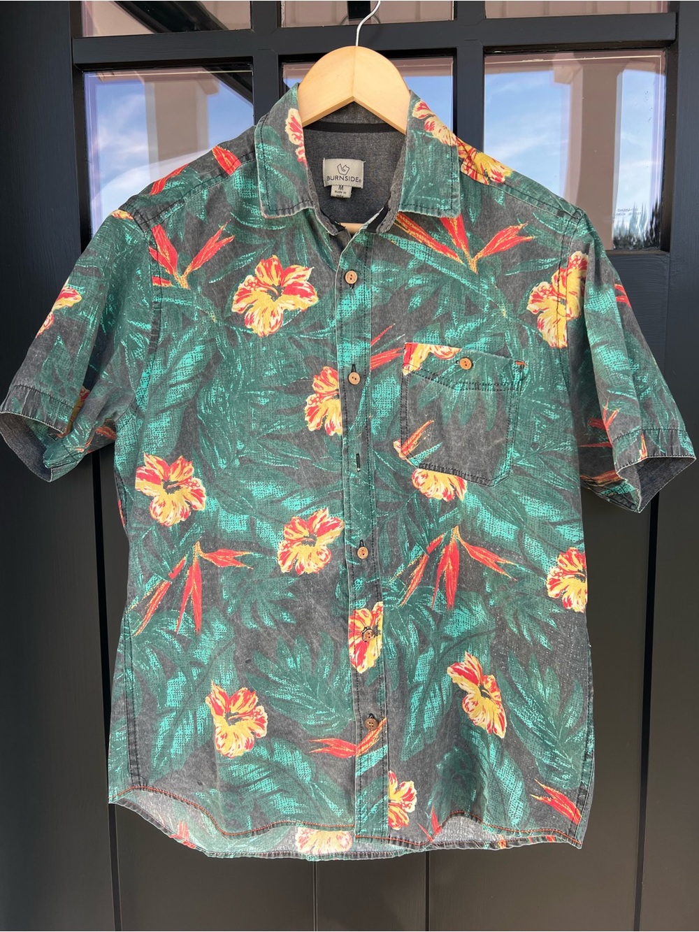 Burnside Green Tropical Floral Short-Sleeve Button-Up Shirt Size Medium